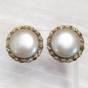 Vintage Clip On Earrings Very Large Gold Tone, Faux Pearl, Clear Gems Statement